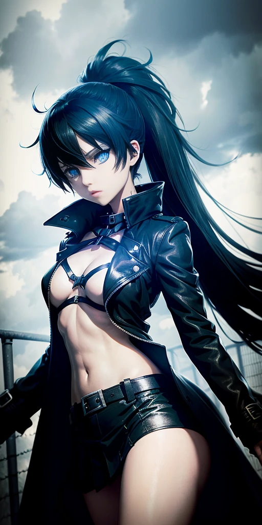 pale skin, white skin, medium hair, damp, black hair, blue eyes,
raglan sleeves, chest harness, bustier, leather pants, black leather, o-ring, belts, buckle,
city, dark, storm, lightning, rain, cloudy sky, looking up at the sky, masterpiece, best quality, 1girl, <lora:Gloomifier_V2_TheGlow:1.5>