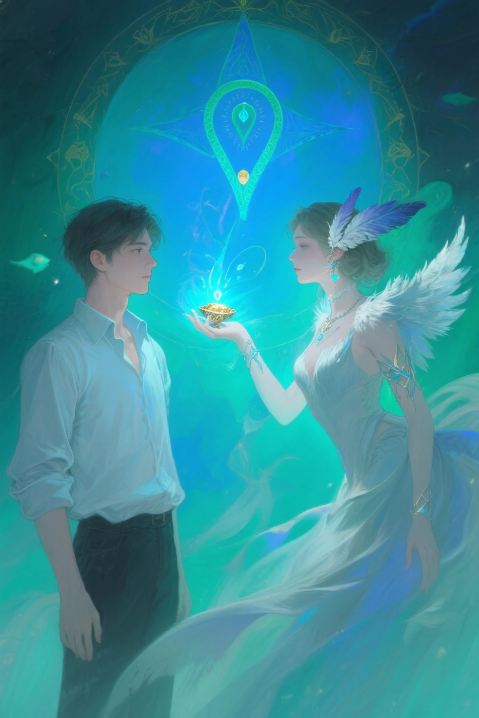 (((1fallen angel, black wings, dazzling beauty, golden hair, deep blue eyes, sad, wise. imposing, tall, haughty, feather wings, dark and blackened, elegant clothes, simple, black and gray, introspective.)))
((1fada, graceful, charming, ethereal beauty, blonde hair, big, bright eyes, emerald green color, joy and vivacity. small stature, smooth and graceful movements, translucent, iridescent wings, reflects light, flowing dresses, soft shades of blue and green, adorned with delicate flowers and subtle sparkles, radiant and contagious smile))), (light and dark:1.5), couple, colorful, cinematic lighting, cowboy shooting,  solo, smiling, flowery meadow, moonlight, moon, night, cinematic lighting, fantasy background, dynamic angle, focus on body, extremely detailed, (abstract background, zentangle fractal art:1.3), (many colors, colorful:1.1), (feathers, petals, flowers:1.3), dynamic pose, friends, ((angel and fairy couple)), together, flying, ((1angel man)), ((1fairy woman))