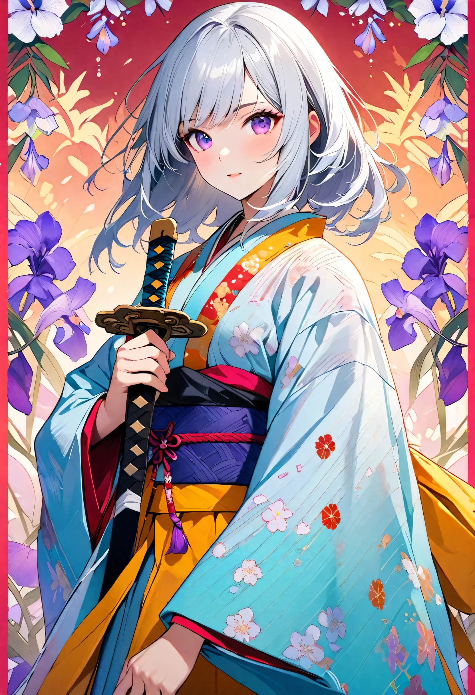 {Low quality, Low quality}, zoom layer, vivid and colorful illustration of a white-haired female samurai character, She holds a Japanese sword right in front of her, She holds a Japanese sword with both hands, ((perfect hand in h:1.2)), She wears a traditional Japanese costume decorated with iris flowers, ((Beautiful iris background)), The background creates a dreamy atmosphere, 、Bold colors and intricate designs enhance the overall visual appeal, This work deepens the character's presence , ((Draw your sword)), rear view, masterpiece, Highest Quality, Super Details, very detailed,