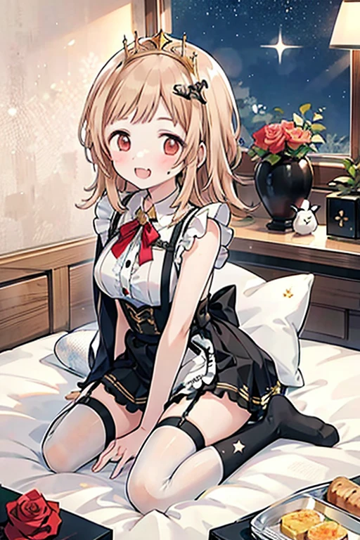 1girl, The fox girl,bangs, bare shoulders, blonde hair, blush, bow, breasts, white cleavage, cropped torso, , eyes closed, asleep, mouth slightly open, in bed, red lamp illuminates the room, hair ribbon, heterochromia, stlooking at viewer, , orange bow, orange eyes, orange ribbon, stuffed toy, twintails, upper body, full-length, white legbands, white shoes with lace and white bows, white background, wrist cuffs, yellow eyes, bloomers, close-up, fair skin frills, lace, midriff, skirt, solo, , white background,shorts, white top with ribbon and lace and trousers,trousers, genshin,white slippers with a bow,All clothes are white, laceAt full height, it stands,