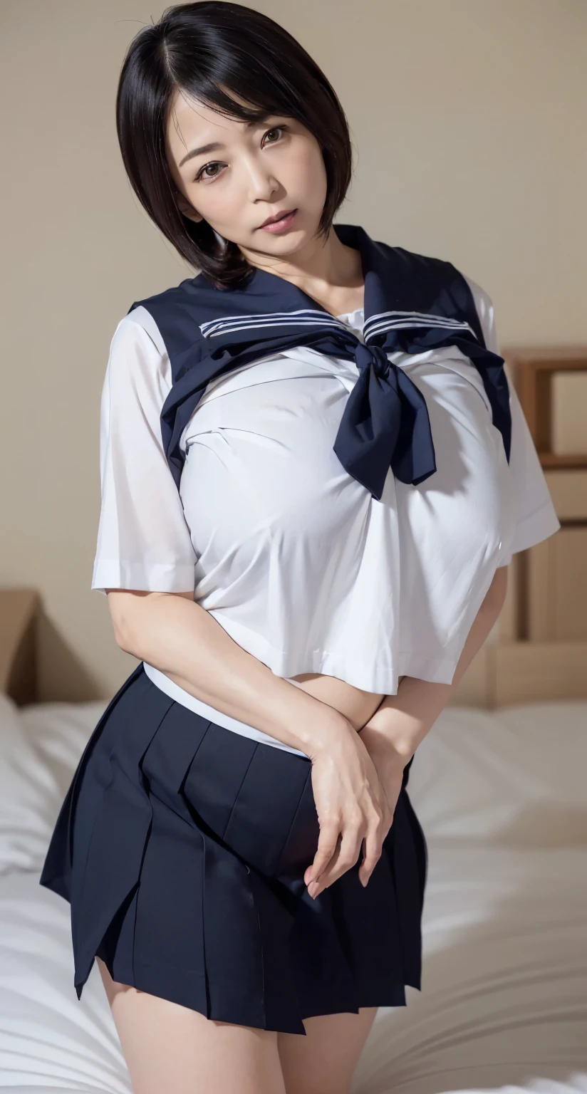 (masterpiece:1.2, highest quality), (realistic, photorealistic:1.4), beautiful illustrations, (natural side lighting, movie lighting), Depth of written boundary, looking at the viewer, Front view, 1 girl, japanese, high school girl, , perfect face, Cute symmetrical face, shiny skin, open legs, (bob hair:1.7,blonde), asymmetrical bangs, Big eyes, droopy eyes, long eyelashes chest), thin, beautiful hair, beautiful face, fine and beautiful eyes, beautiful clavicle, beautiful body, beautiful breasts, beautiful thighs, beautiful feet, beautiful fingers, ((fine fabric texture, brown knit vest, short sleeve white collar shirt, navy pleated skirt, Navy bow tie)), (beautiful scenery), evening, (Inside the flower shop), Are standing, (smile, Upper grade, open your mouth), (((skirt lift, no panties, genitals visible))), full nude body shot, dark blue socks, sexy face, inverted nipples,