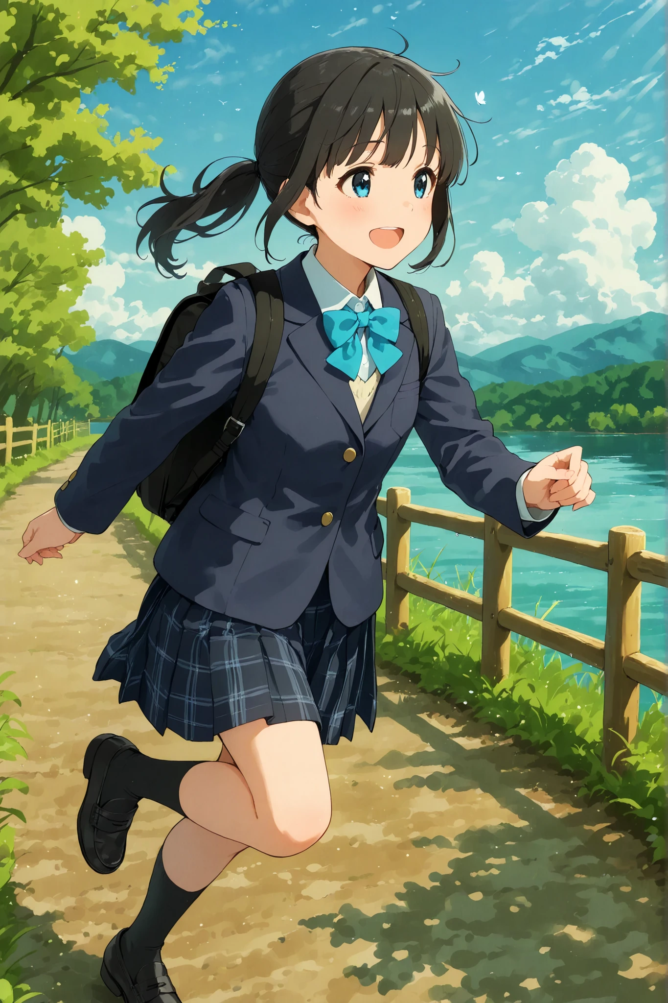 masterpiece, best quality, ultra-detailed, full body, 7 heads tall, semi-realistic anime style, 2:3 aspect ratio
Japanese high school girl, running lightly with a bright and cheerful expression, facing approximately 15 degrees diagonally from the front
black hair with straight full bangs, tied in a low ponytail, swaying with movement
wearing a dark navy single-breasted blazer with two gold buttons, no emblem or crest on the chest
a white shirt underneath, and a small glossy light blue ribbon tied in a neat butterfly shape at the collar, with only the bottom right tip diagonally painted black
dark navy pleated skirt with a subtle plaid pattern in gray and blue, flowing with motion
short black socks and black leather loafers
carrying a black school backpack on both shoulders
early summer atmosphere with refreshing, clean air and a gentle breeze
clear blue sky with soft white clouds, soft morning sunlight casting natural shadows
lush green trees along a sunlit walking path
on the left side, a calm lake with light ripples reflecting the sky
a sturdy wooden fence runs beside the lakeside
distant green mountains add depth to the background
peaceful, vibrant, refreshing lakeside landscape
no people, no text