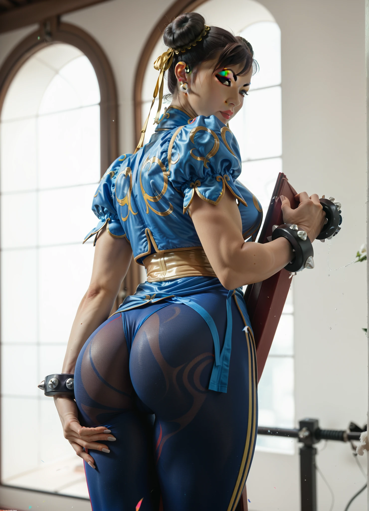 (Muscular:2), (thick thighs, wide hips:1.8),
princess_zelda_aiwaifu, pointy ears, braid, hair ornament, hairclip, fingerless gloves, blue shirt, long sleeves, crown braid, bangs, (black pants), green eyes, parted bangs, short hair, sidelocks, thick eyebrows, (tight black pants:1.3), (big smile),
hard nipples, (small breasts),
eyeshadow, lipstick, midriff, (sitting on the grass:1.3), (kneeling),
looking at viewer, from behind, open back,
rim lighting, detailed skin, detailed eyes, grassy field