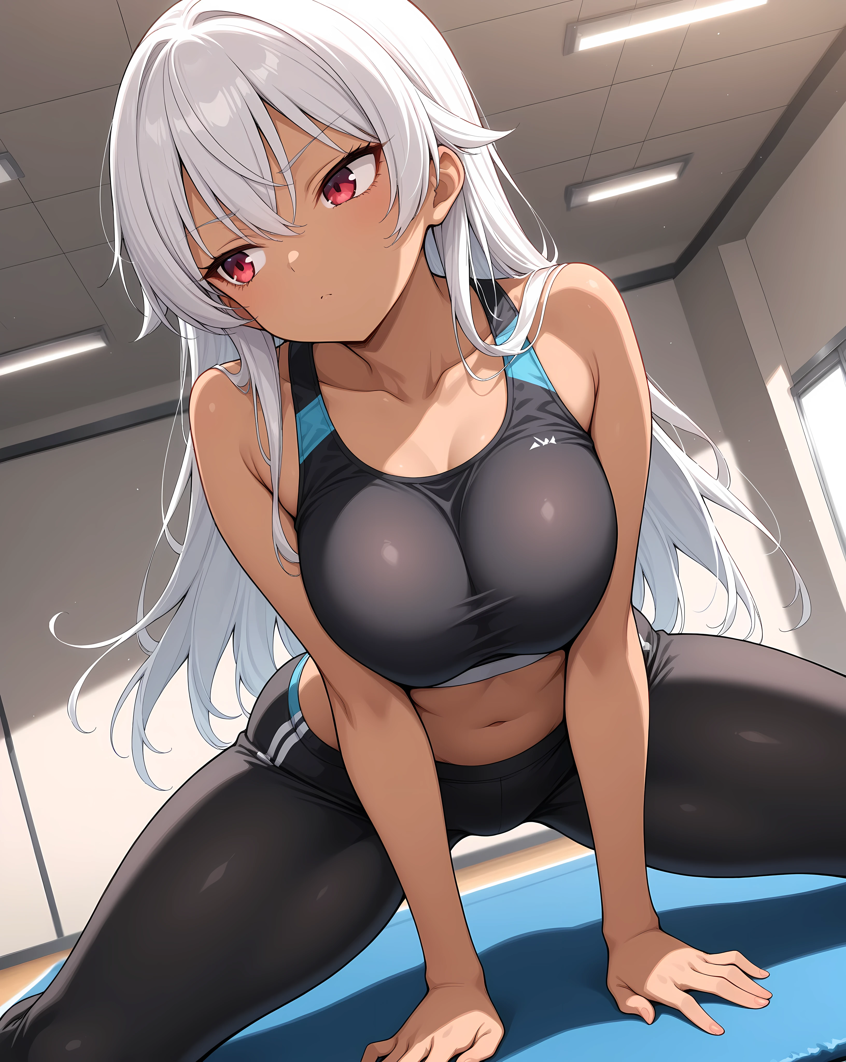 noa, white hair, long hair, ((topless)), masterpiece, best quality, highres, solo, large nipples, midriff, erect nipples, navel, gym, gym equipments, weight room, miror, halo, smile, medium breasts, leaning forward, blush, smiling, sweat, sticky liquid on body, purple eyes, black leggings, bare arms, bare elbow, puffy nipples