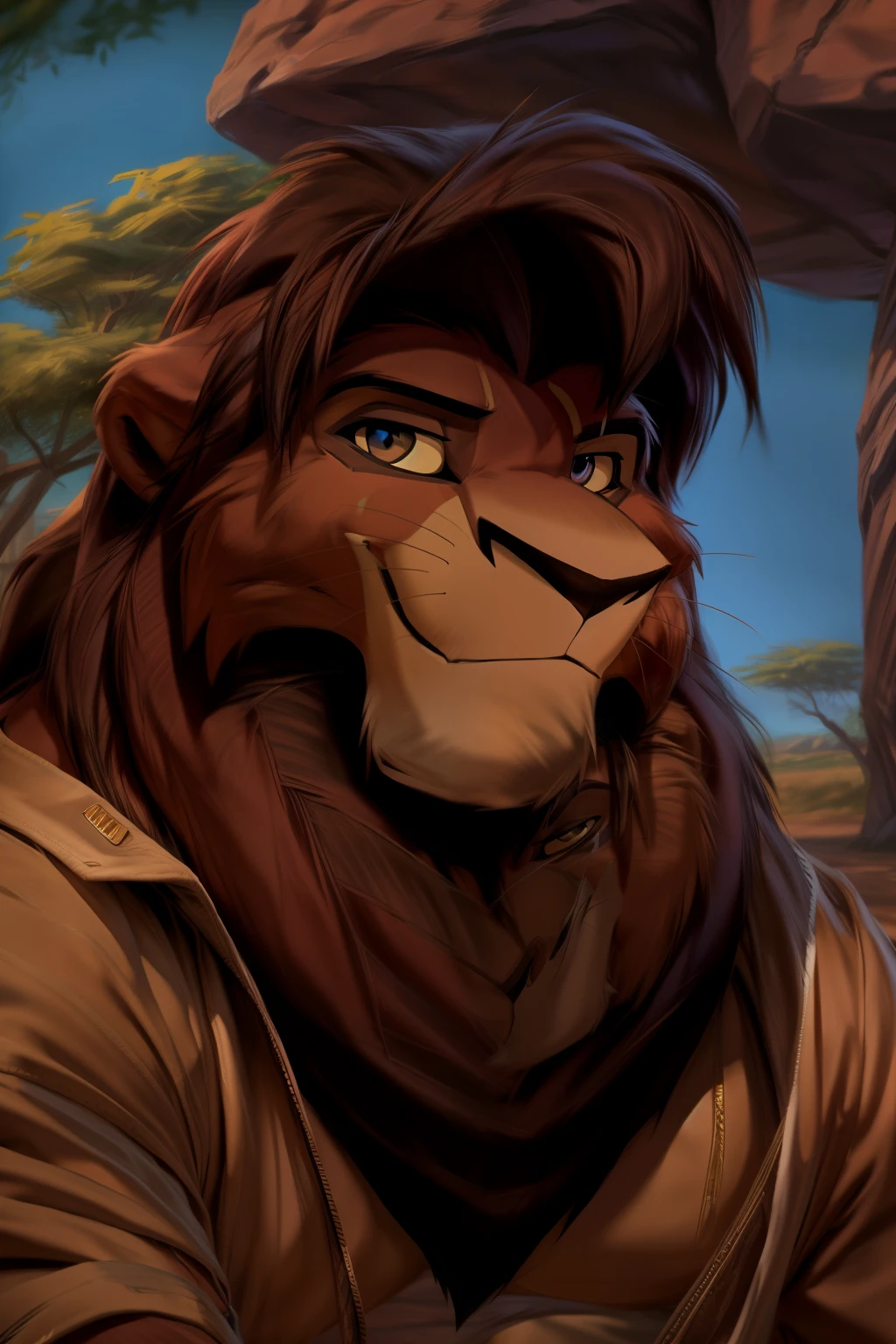 ((By Zaush)), ((By Chunie)), ((By Darkgem)), handsome furry anthro male Lion wit, ((Kovu from the Lion King)), wearing a t-shirt, pants, shoes, clothing, background setting, outside, park, city, nature, trees, (head shot), friendly smile, smiling, smiling softly, male, nice, realistic, detailed fur, detailed, lighting, detailed, shading, detailed clothing, detailed eyes, detailed features, Lion, furry, male furry, furry Lion, feline, furry anthro, looking at viewers, detailed background, muscular, muscular male, athletic male.