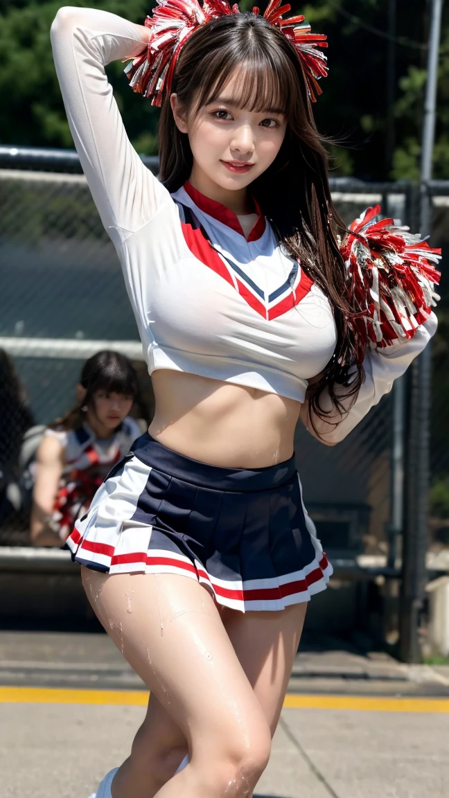 masterpiece, best quality, illustration, Super detailed, fine details, High resolution, 8K,wall paper, perfect dynamic composition,(Details High quality, realistic depiction of eyes:1.3), hotel room, (cheer girl:1.5),(a miniskirt, baseball cap), to stand、large breasts,short bob hair, black hair color, Big Natural Color Lip, bold sexy pose, crying a little、Harajuku style、20 year old girl、cute type、lolita、beautiful legs, hposing Gravure Idol