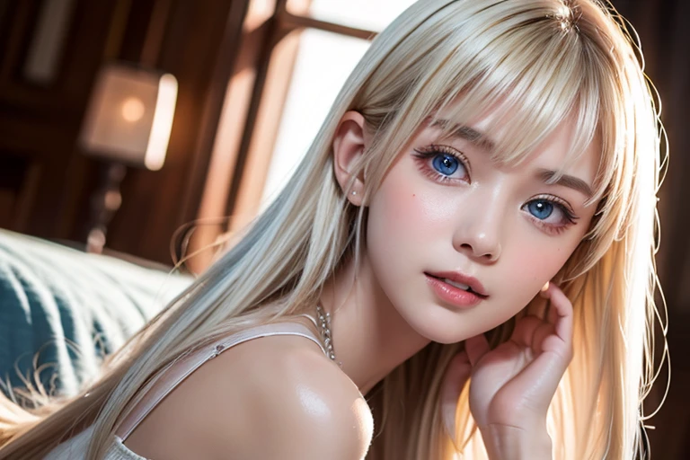 portlate、School Uniforms、bright expression、poneyTail、Young shiny shiny white shiny skin、Best Looks、Blonde reflected light、Platinum blonde hair with dazzling highlights、shiny light hair,、Super long silky straight hair、Beautiful bangs that shine、Glowing crystal clear attractive big blue eyes、Very beautiful nice cute 16 year old girl、Lush bust