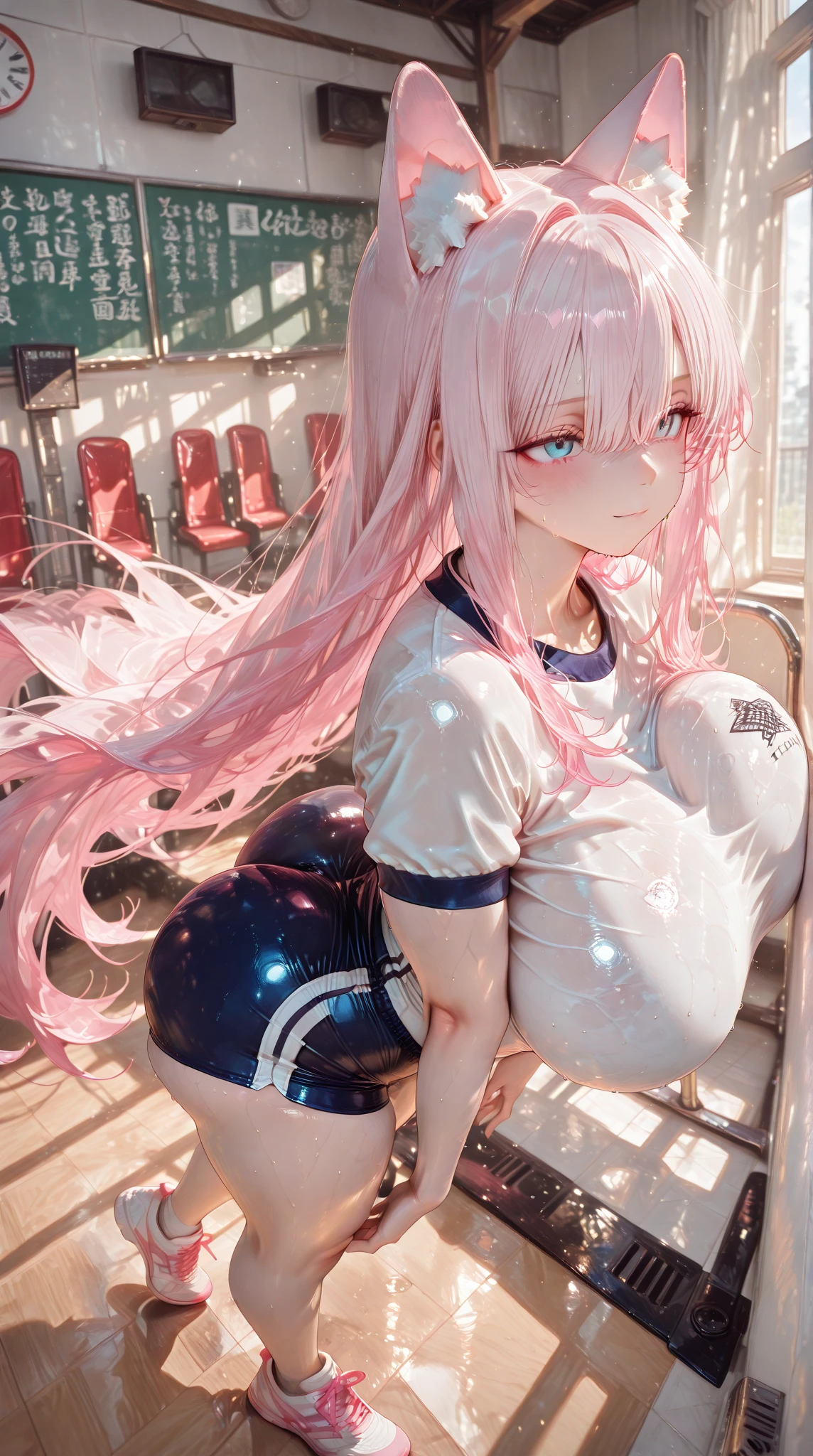 Zero Two\(Darling in the Franxx\), NSFW, Pink Hair, Long Hair, Tight Highleg Micro Swinsuit, Panties on the Side, (Shiny Skin:1.2), Squatting, Looking Ay Viewer, Pov from Bellow