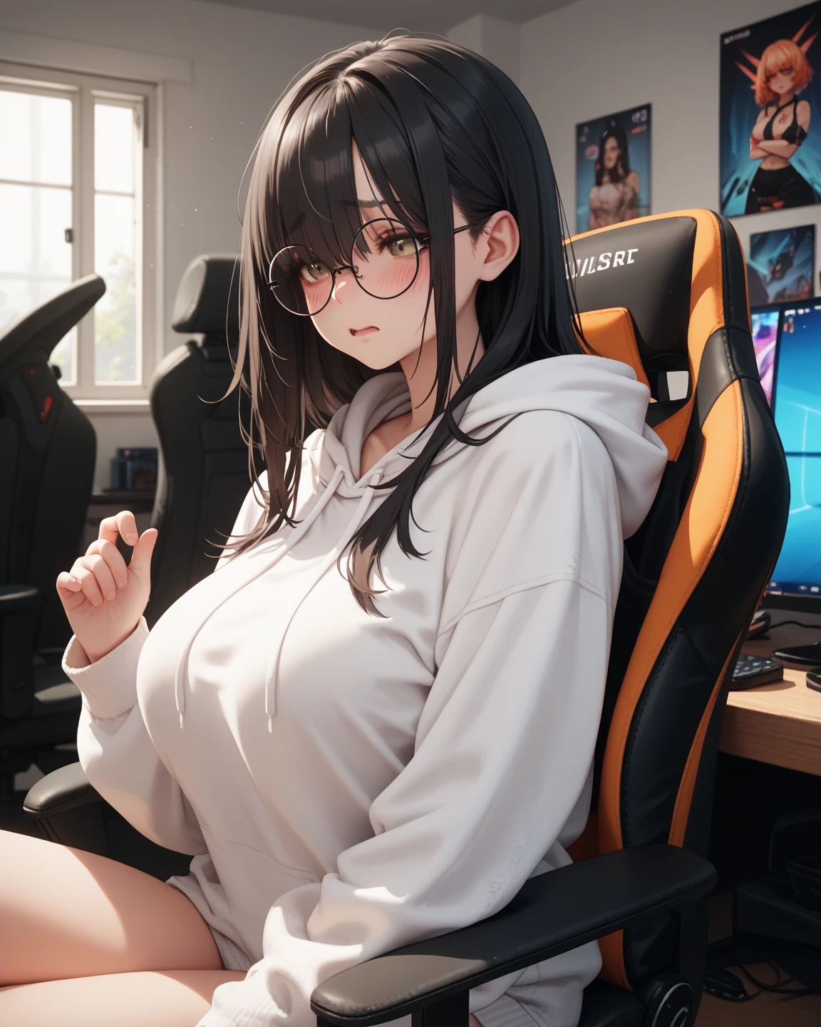 One Woman、beautiful girl、Sit on a chair、Big glasses、Dark Room、computer、Sit in a gaming chair、High-end headphones、Grip the game controller、computerに向き合う、beautiful girl, Highest quality, Tight T-shirt、Tight T-shirt、Game Geek、Thick thighs、Big 、Big Ass、Black Hair、long hair、Bangs、Sweaty body、I'm sweating all over、Excited、Stripes々Panties、Play online games、片足を組みながらSit on a chair