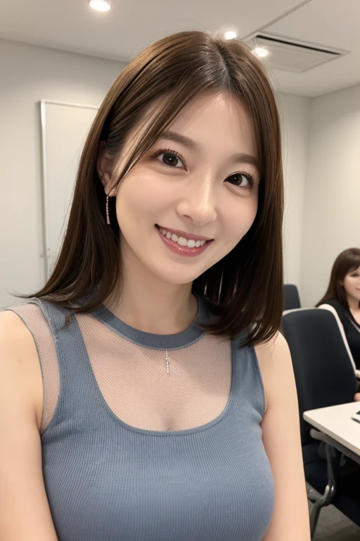 ((Highest quality)), ((masterpiece)), (detailed),Perfect Face,Japanese,Fair skin,Upper Body,Long Hair,Office Lady,Women's Ana Style,smile,Cleavage,blouse,Mature Woman