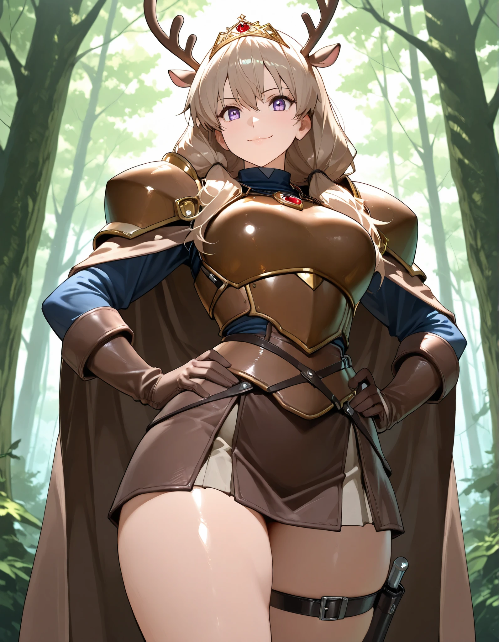 (best quality, masterpiece, ultra detailed, high resolution), Beautiful 8K CG artwork, BREAK anime style, Masterpiece, best quality, Woman , pretty face , violet eyes , light brown hair , long hair, twintails, , , diadem with reindeer horns, reindeer horns, , necklace(ruby) ,brown armor, pauldrons, warrior skirt,, leather parts, gloves,, leather on thigh, , , athletic body , Curvy body , medium breasts, thick thighs , forest background , EyesHd , perfect eyes , High Definition Eyes , smiling, closed mouth, brown cape, hands on hips,