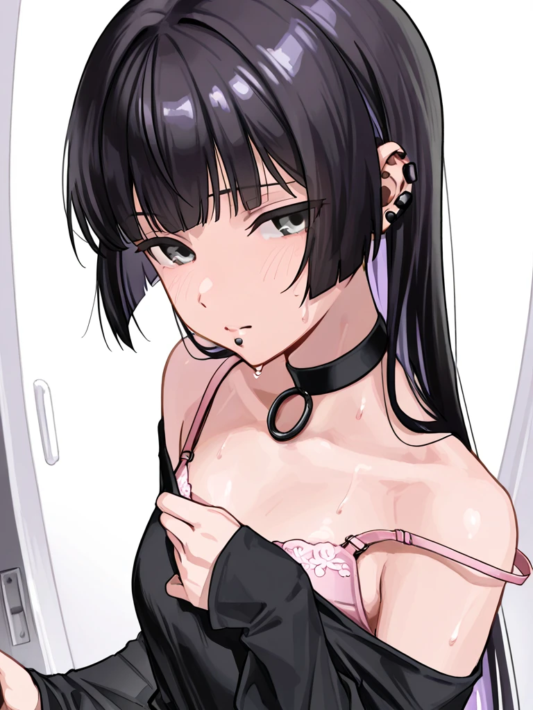 One woman, blush, Short Hair, Nipples, nude,Black Hair, small breasts, eye highlights, sex slave, wide open mouth, tongue out, black eyes, detailed eyes, caught, open legs, vagina, treated like a pet, whole body, beautiful legs, collar, dog food, on all fours, joy, smile, pervert, drool, white breath