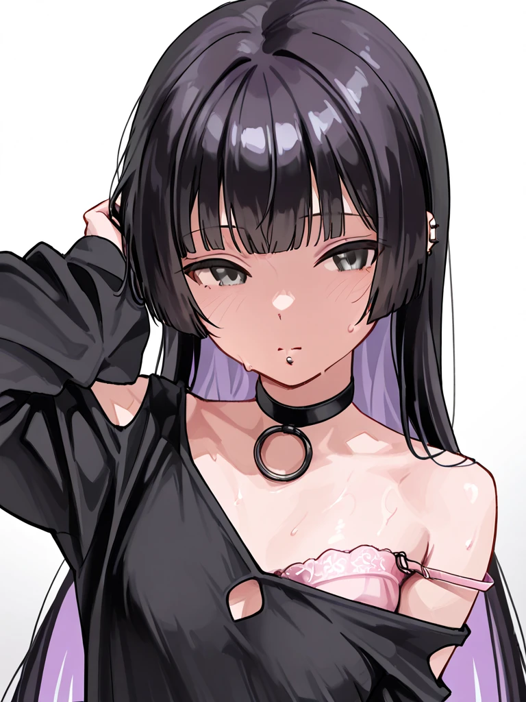 1 girl, milf, purple eyes, hair bangs, very long hair, black choker, black lipstick, black lipstick, Smile, black hair, female , bikini, portrait, huge breast
