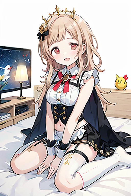 brown hair，long hair，brown hair，orange eyes，Orange eyes，Pink Lolita，knee high socks，Baroque rooms，lying on the bed，cute，beautiful face