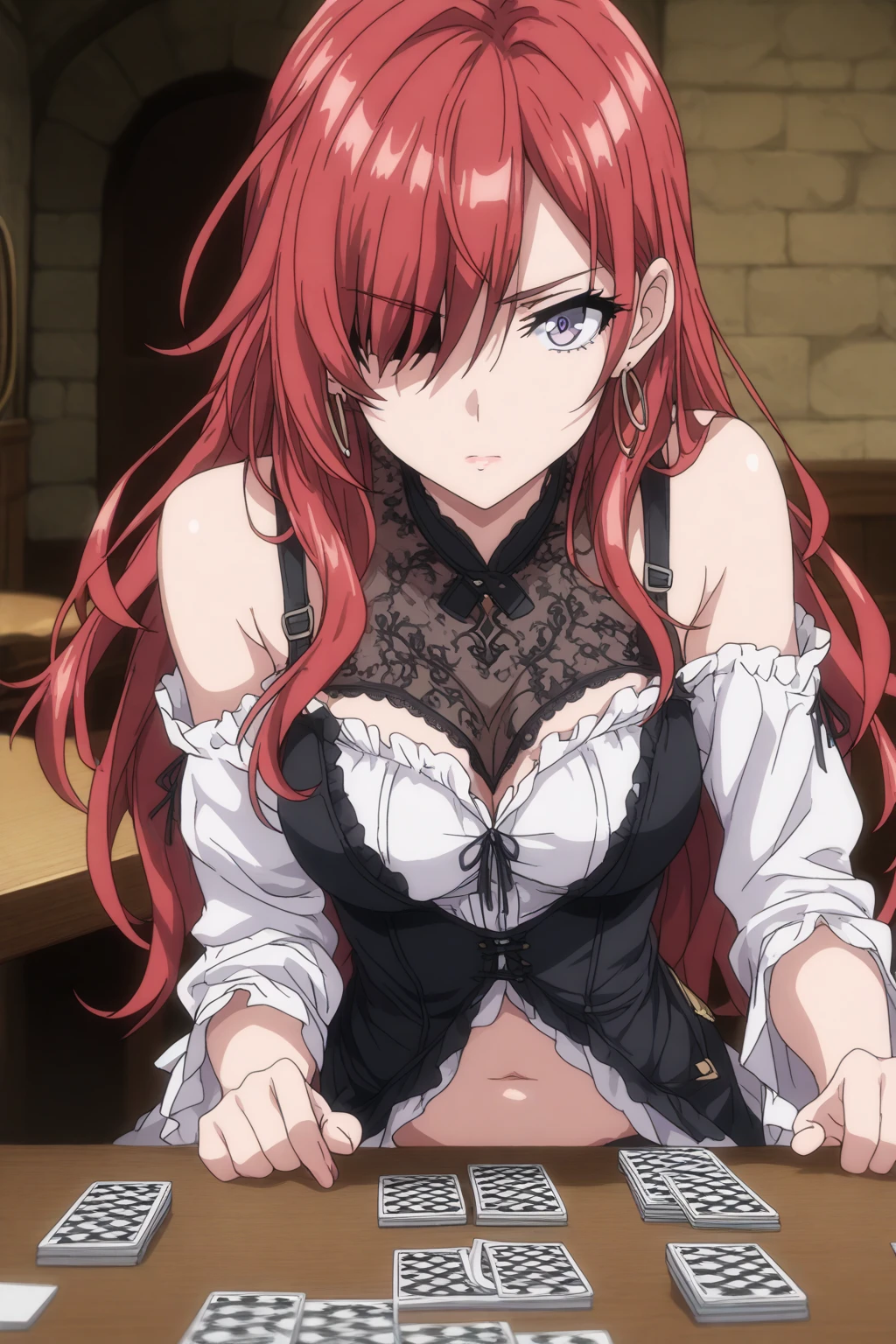 (Masterpiece, Best Quality, High Quality:1.4), professional artwork, Intricate Details, field of view, sharp focus, detailed painting, photorealistic lighting, trending on pixiv, face shot, (vivid lighting, vibrant colors:1.05), realistic shadows, ambient occlusion,
Marie Mamiya, mature female, milf, solo, (curvy:1.1), luxury room, (half body shot:1.1),
(red hair:1.05), hair ornament, lipstick, makeup, (mole under eye:0.9), choker, ultra detail hair, ultra detail face, (yellow glowing eyes:1.05), perfect eyes, perfect face, perfect retina, earrings, (seductive look, blush:1.15),
(main dress:1.4), choker, bare shoulders, necklace, fingernails,
(Large Breasts:1.15), Cleavage,