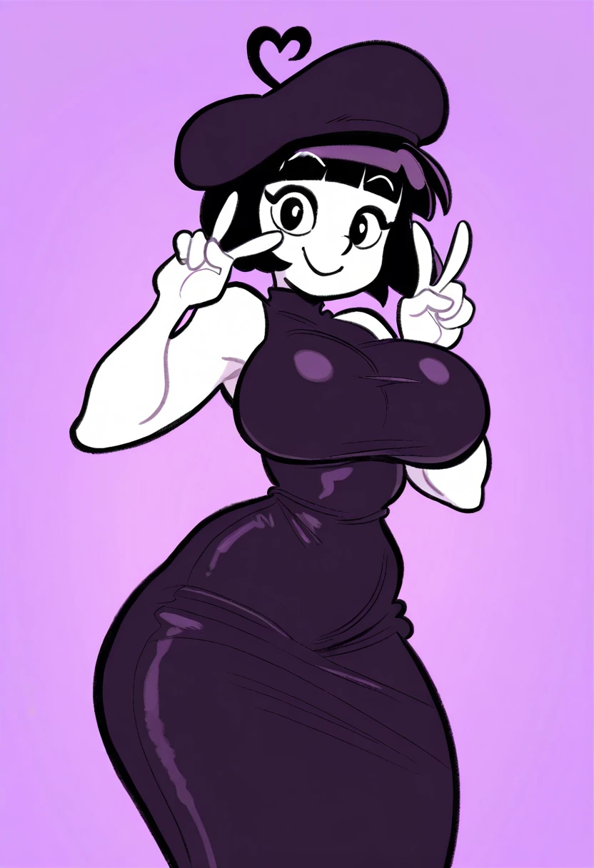 sally,double bun,black hair,medium hair,black eyes,blush stickers,
grey skin,smile,gigantic breasts,sagging breasts,teeth,
black dress,cleavage,striped detached sleeves,small skirt,small white gloves,
standing,
(insanely detailed, masterpiece, best quality),solo