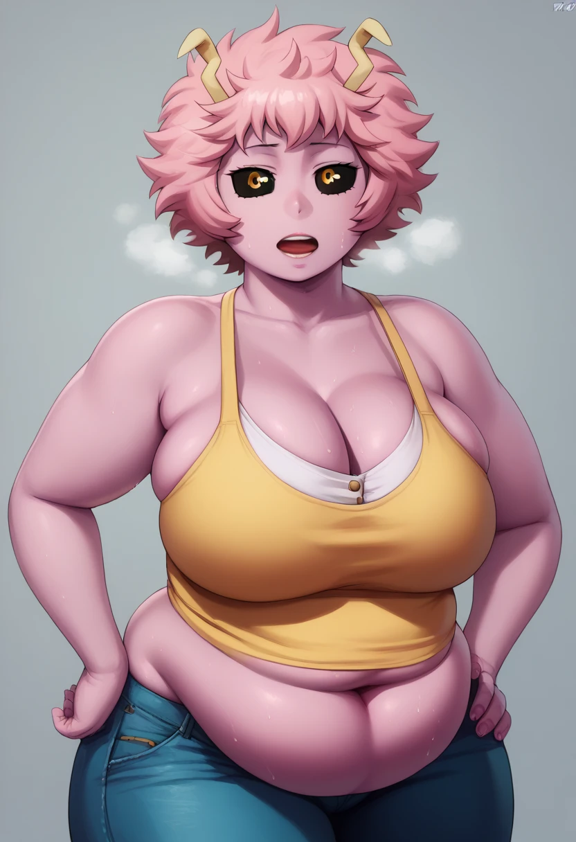 Mina Ashido from my Hero Academia sucking two giant black cocks with her mouth full of cum and cum dripping from her huge breasts and huge ass 