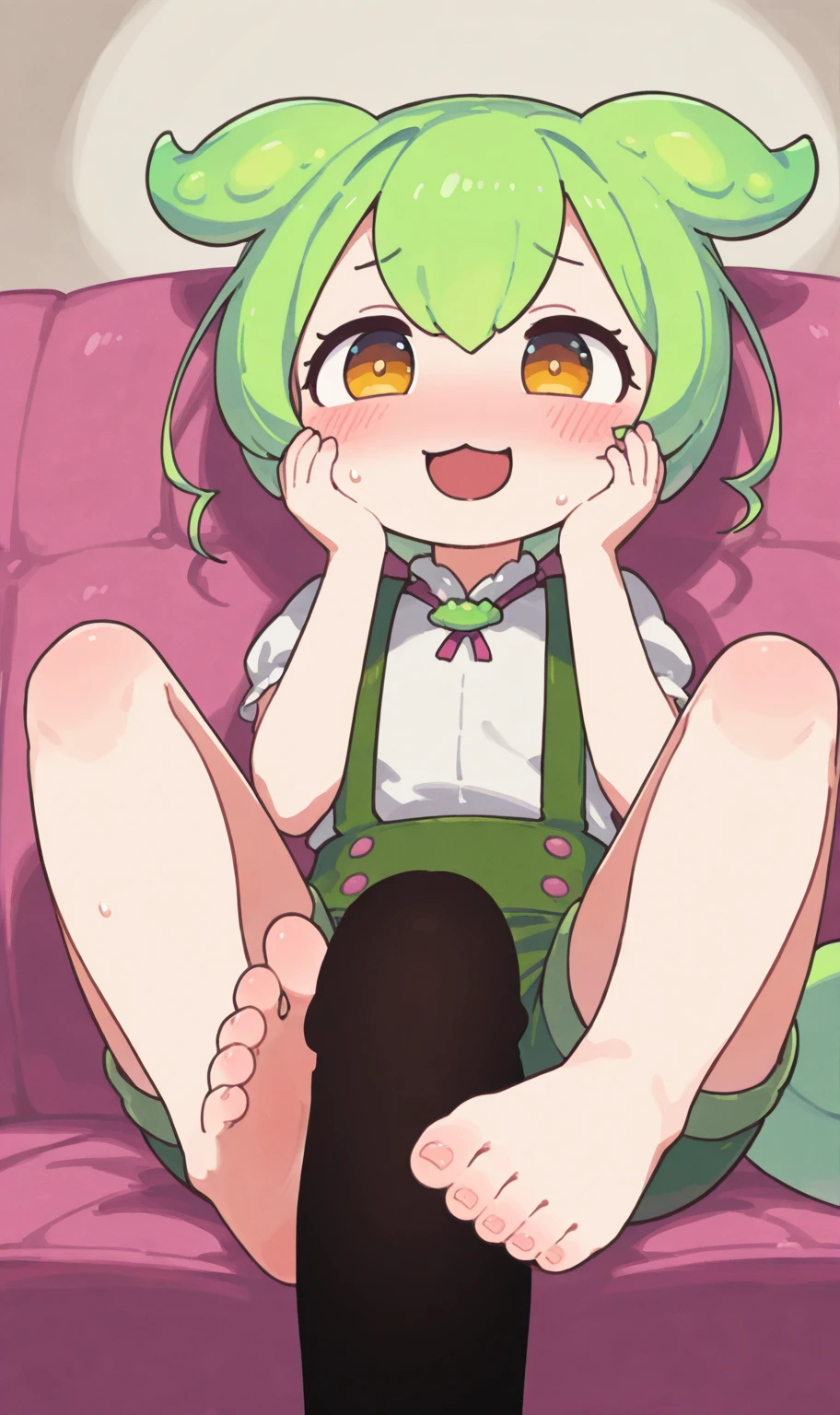 masterpiece,one girl best quality,1girl, green hair,pink eyes,green hair,side ponytail,hair ornament,flower,long hair,light frown,tsundere, whire pantyhose, happy,single, yellow cum stains on pantyhose, pussy outlined through pantyhose, strapless croptop , food stalls, paying the food-stall owner with her cum, sitting on a table, thin, skinny, thin thighs, short girl, cum in pussy, legs together, pussy hole in pantyhose, torn holes in pantyhose, cumming on customers food
