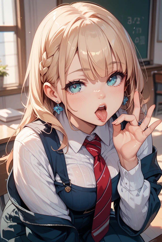 (masterpiece:1.5)、(highest quality:1.5)、(8K:1.2)、(Super detailed:1.2)、(photorealistic:1.2)、(ultra high resolution:1.2)、(Highly detailed and realistic skin:1.2)、(Very detailed and clean sharp eyes:1.2)、(in the school classroom:1.3)、(beautiful light shining through the window:1.2)、(large amount of semen:1.4)、(blowjob:1.3)、break、(18 year old beautiful woman)、(beautiful eyeliner)、(beautiful eyeshadow)、natural color lip、break、(white school long sleeve collared shirt:1.4)、break、break、(Teal tie:1.2)、break、(Long blonde hair that covers one eye:1.3)、break、small beautiful breasts、(stick out your tongue:1.3)、Close both eyes、(ecstasy:1.3) ,(steam:1.0),(trembling:1.5),(drooling:1.3),(sweat:1.0),(spoken heart:1.4)、seen from above