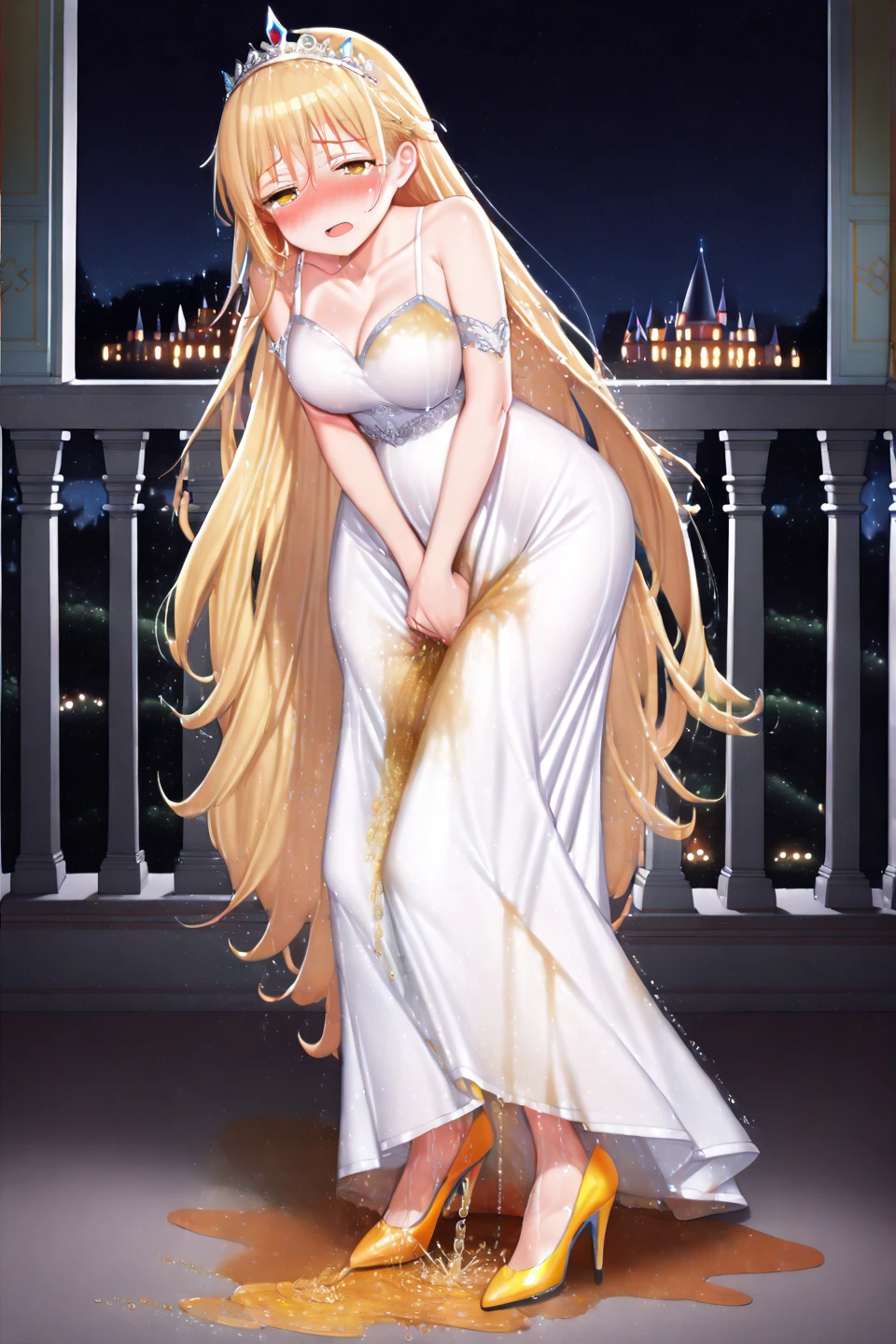 1girl, centaur, blonde hair, medium hair, blue eyes, white wedding dress, happy face, blush, looking at viewer, bedroom, bed,