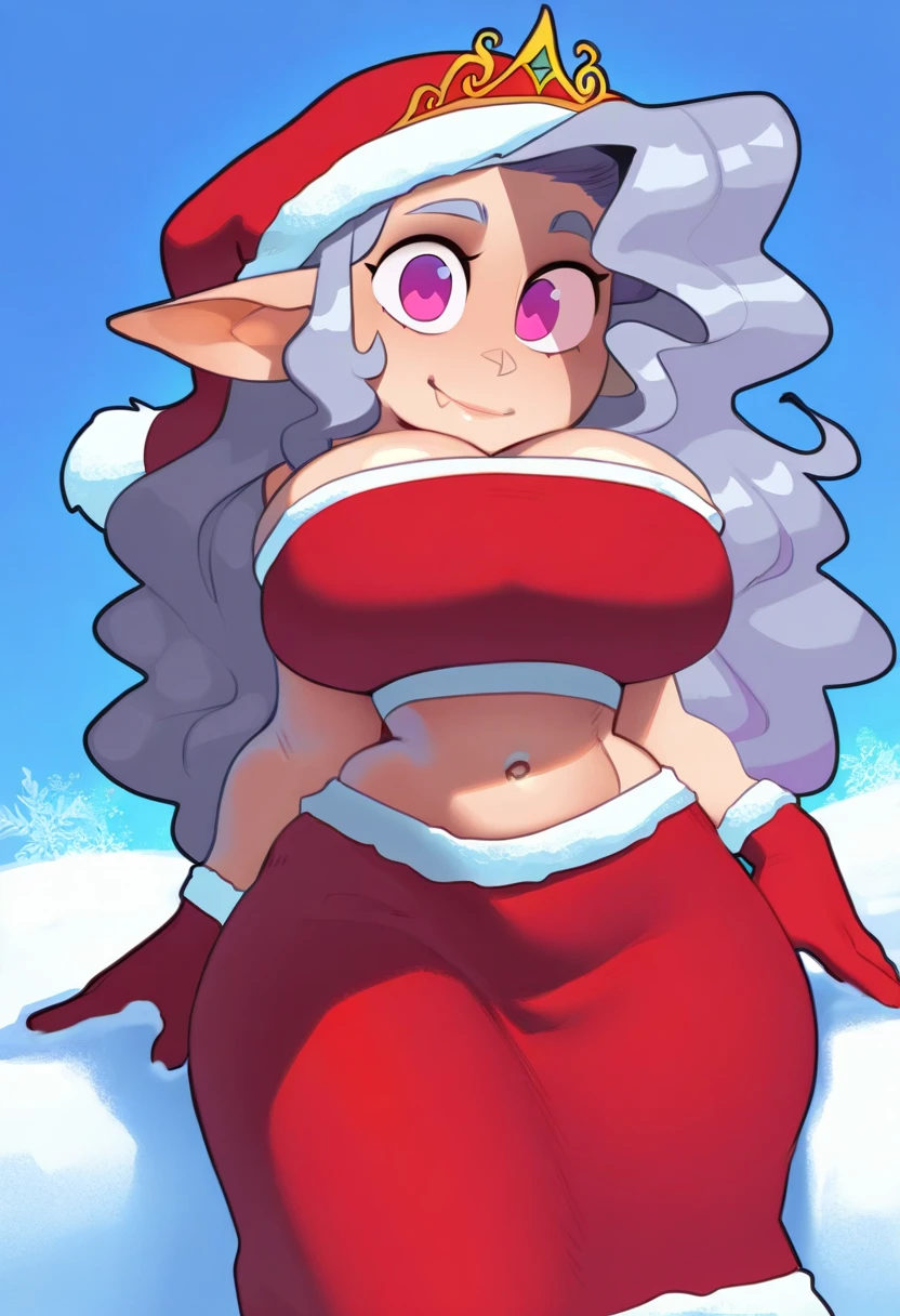 north pole sexy elf, green elf outfit, blue hair, teal hair, santa little helper, santa's elves, green clothes, clothes are green, green outfit, dark skinned. ebony, black woman, shortstack, big thighs, big ass, dwarf, dwarf, north pole, christmas background, north pole, santa workshop, green hat, snow background, snow in background