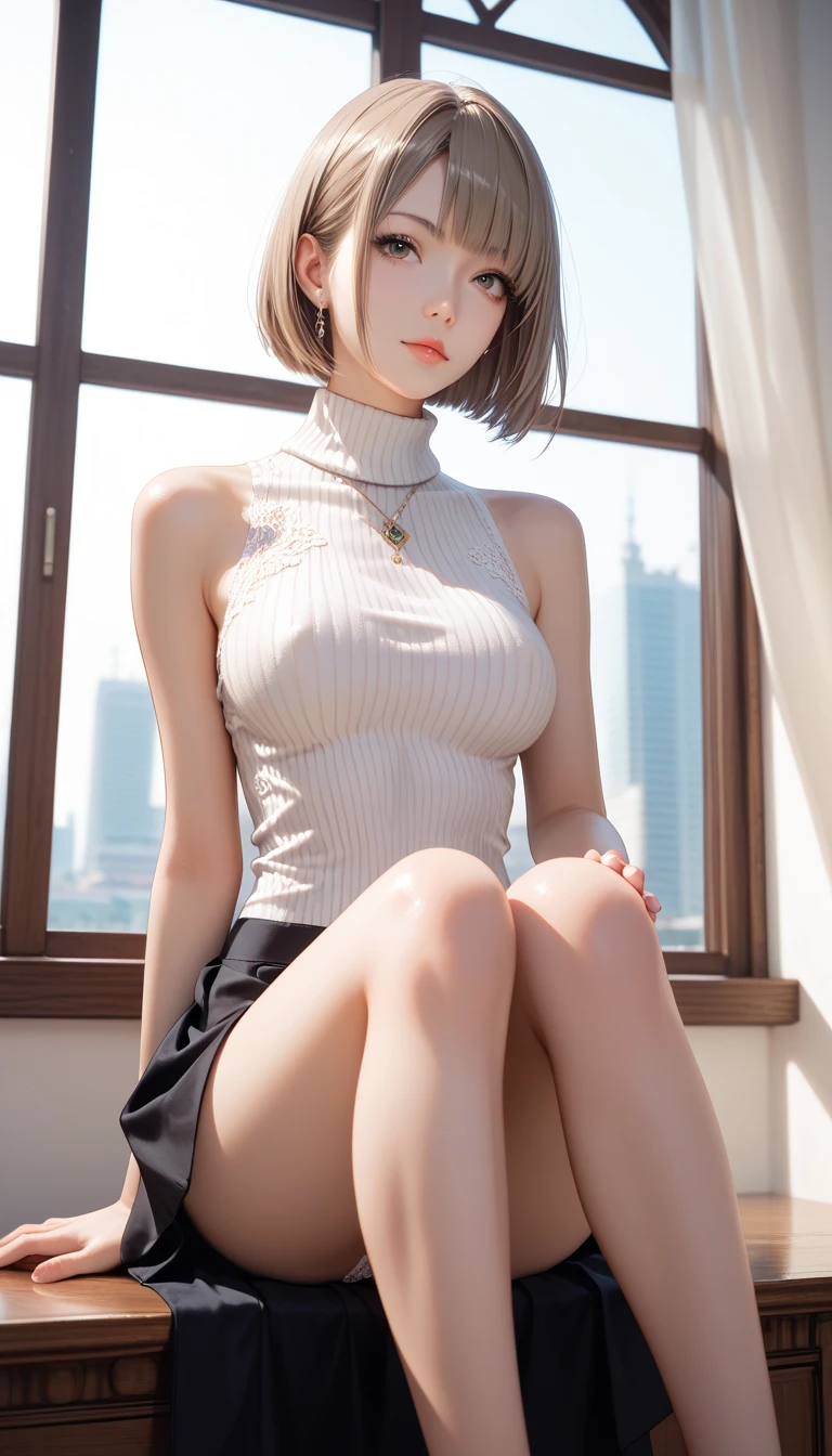 top-quality, detaileds, (Virgin killer　Sweaters, Knees on the floor), ​masterpiece, 超A high resolution, (Realistic:1.4), Raw photo, (fair and clean skin, Fine-grained skin, shinny skin), (sideboob barbosa),  (a small face, with round face), (Beautiful dark eyes), (Beautiful expression), (big eye:1.3),(Looking at me with a smile:0.7), (Strong affection), cute little, (A dark-haired, Medium Hair, Soft hair quality:1.7), (1人の女性, 独奏), (Medium Boob), (A slender:1.7), (thin waist, Thin arms, Thin leg, thin neck, thin shoulders:1.6), (exposed shoulder),