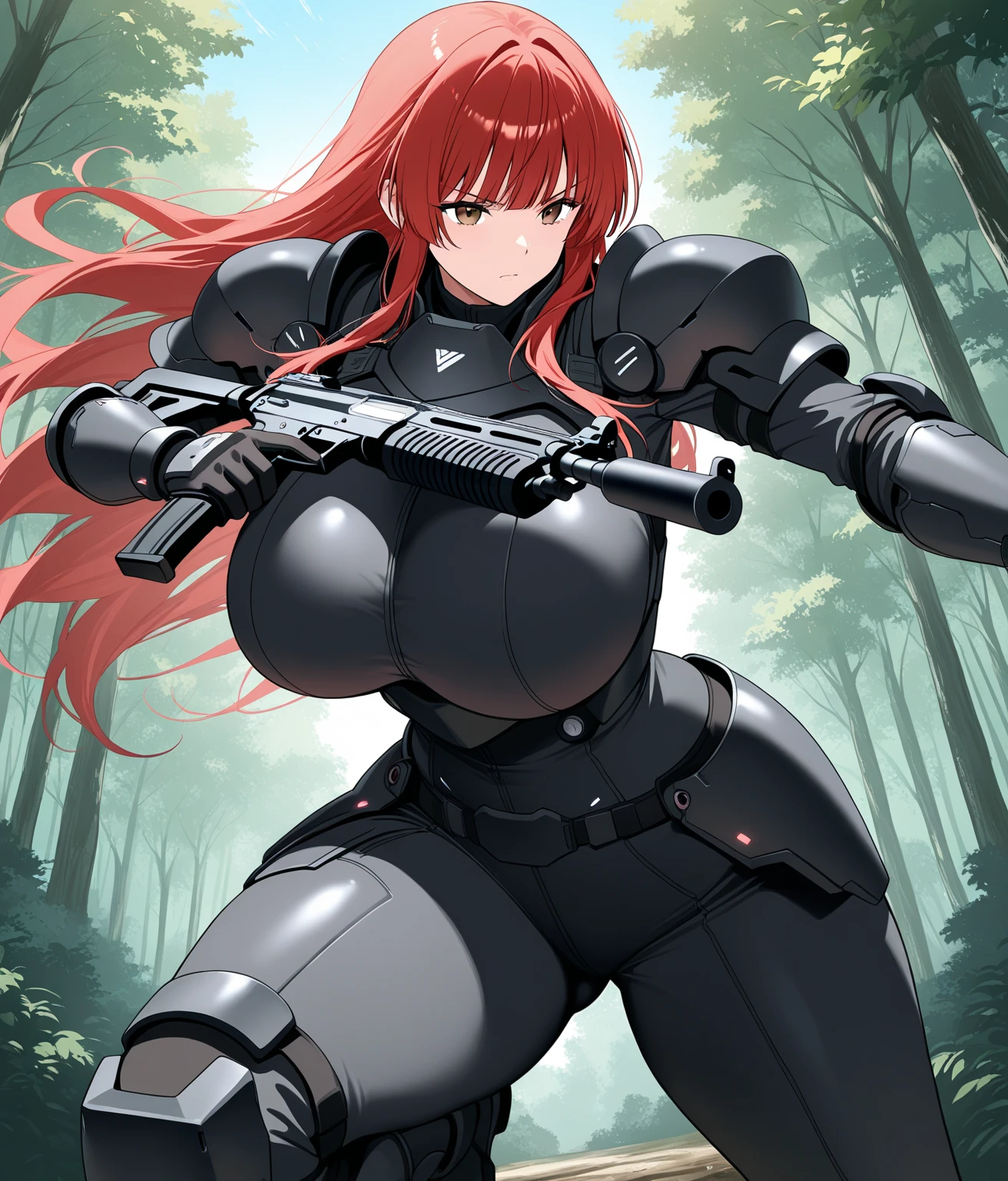 sexy woman, huge breasts, large breasts, curvy, voluptuous, red hair (straight bangs), pink eyes, long hair, exosuit, holding a firearm (assault rifle), grinning, standing, solo focus, fortress, outdoors, fantasy theme scenary