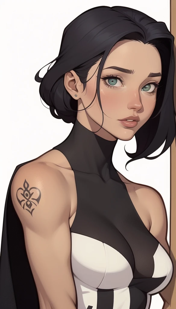 A petite young woman with long, black hair shaved on one side. She has striking green eyes and a sweet, gentle smile. She wears a black, elegant, and tasteful dress with a plunging neckline and a slit on the side. Her entire body from the neck down is covered in intricate tattoos, adding a unique and artistic touch to her appearance. The scene is soft and well-lit, ensuring that the image remains safe for work while highlighting her distinctive style and beauty.