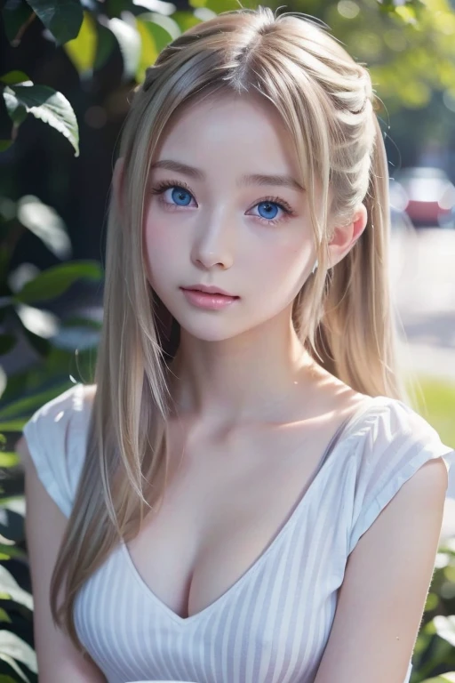 RAW photos, ((((Portrait of extreme beauty))), (((Radiant white beautiful skin)), 1 girl, 14-year-old pretty beautiful girl, ((blonde of bright various colors with glossy)), disheveled hair, hair hanging in front of the face and clinging, [Attractive whitish blue eyes], silky fine hair, ponytail, eyeliner, bangs, hair between the eyes, fluttering hair, a little smile, ((masterpiece, top quality, Ultra detail, film light, complex detail, high resolution, 8k, very detail)), detailed background, 8k uhd, dslr, soft light, high quality, film grain, fujifilm XT3, shallow depth of field, natural light, (perfect hands), sexy and perfect beautiful face, big breasts, , sailor suit
