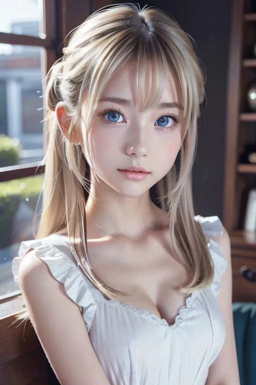 Exceptional sexy beauty、Beautiful, calm and bright expression、Sexy refreshing look、Perfect beautiful pretty face、Very bright, light blue eyes、Short ponytail、Long bangs between the eyes、Long platinum blonde straight hair、Beautiful facial hair、Very cute beautiful sexy young little woman、Very perfect beautiful pretty face、Beautiful clear cute eyes