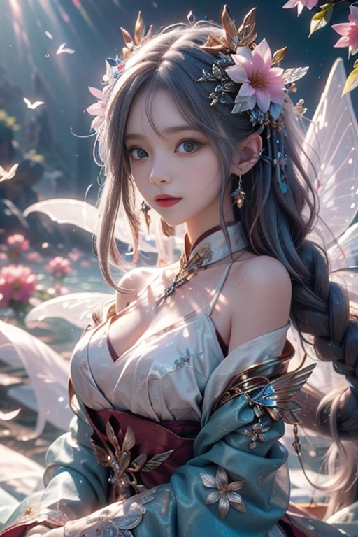 Close-up of woman in costume,Beautiful celestial magician,Amazing young ethereal figure,shaxi,Flowing magic robe,White Hanfu,xianxia fantasy,belle delphine,Ethereal fantasy,Elegant and charming role play,Half lying on the ground,Feminine and colorful,It's a mess,Night view,Lots of neon