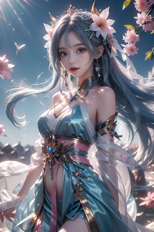 (Masterpiece, top quality, best quality, extreme detail, highest detail, official art, Beauty and Aesthetics: 1.2), Colorful, Denim Shot, Upper Body Photo, Beautiful Face, Solo, Perfect Body, On Sky Clouds, Flying in the Sky, Portrait of a Girl, Silver Gradient Hair, (Silver Hair: 1.1), (Light Blue Hair: 1.1,), (Pink Hair: 1.2), Fairy, Flowing Streamers, Sun Rays, Clouds, Full Body, Hanfu, Chinese Clothes, White Dress, Water, Fireflies, Night, Starry Sky, Jewelry, Feathers on Dresses, Peacock Feathers, Light Particles, Volumetric Lighting, Ray Tracing (Flowing Streamers: 1.1), (Fantasy Novels: 1.2), Illuminators, Stars, Fantasy , high contrast, ink strokes, overexposure, purple and red tone impressions, abstract, ((watercolor by John Berkey and Jeremiman)) brush strokes,