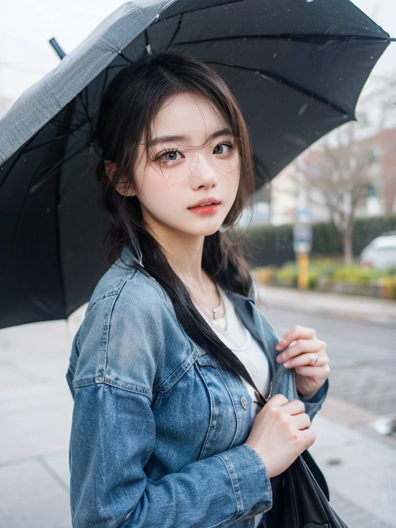 woman、(((one person)))、cute、16 years old、Black Hair、Medium curl、Wet Hair、Touching your hair、rain、D cup bust、Wet clothes、Cloudy、rain雲、Street Corner、looking up、cowboy shot、highest quality、Super detailed、Very detailed、Detailed Background
