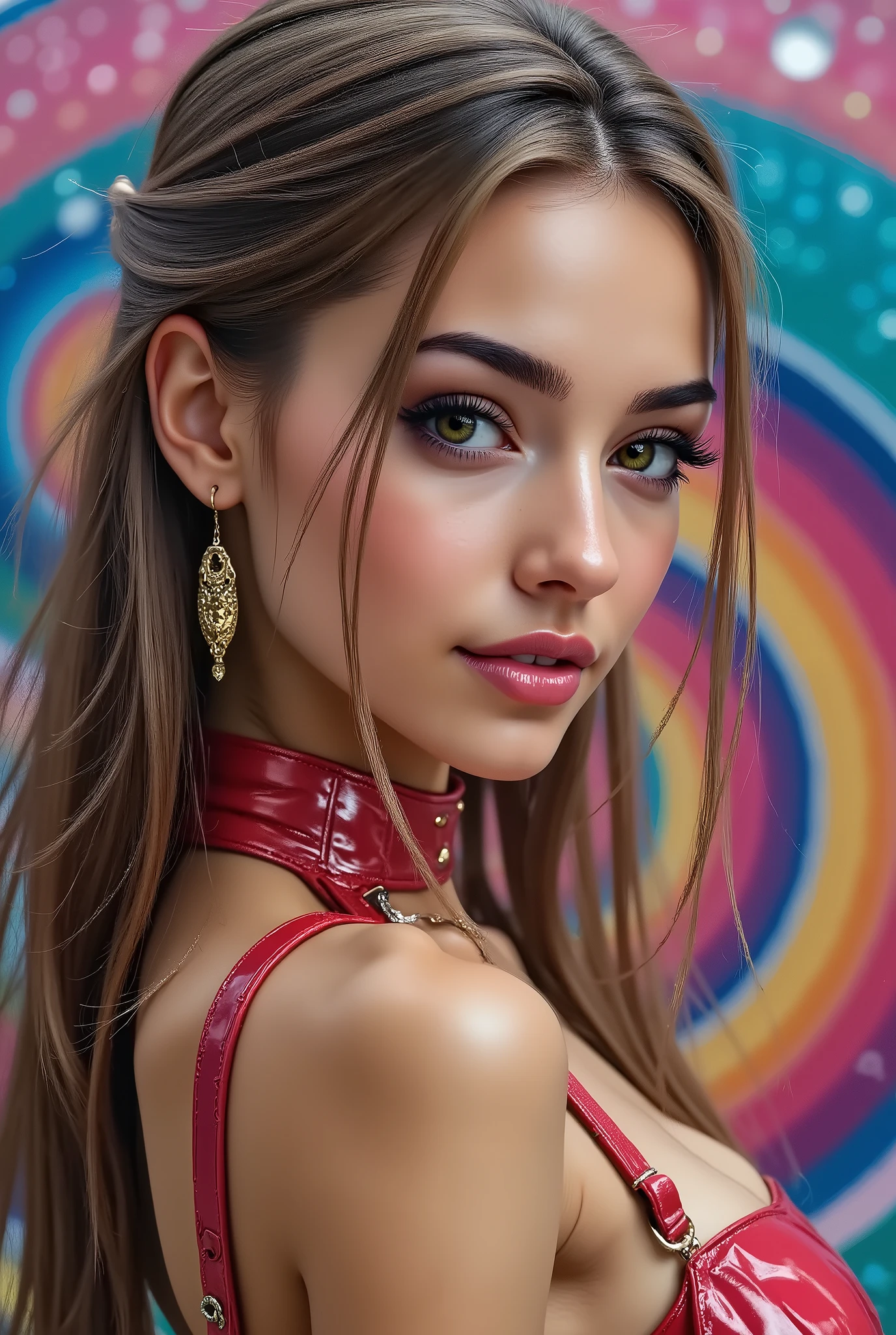  [Style: "masterpiece, realistic, (photo realistic Realism), ultra-detailed, Hyper high resolution"](Key Directive: - ("The priority is the anatomical accuracy and texture of the materials" - "Ultra-sharp human eyes with biological accuracy") { "Eyes: (acid-resistant terminology) (macro-details:1 . 5): * Moist corneal surface (visible aqueous layer:1 . 2) * Hyper-detailed iris stroma ((brown) with gold flecks) * Precise limbal ring (slightly darker pigmentation:1 . 22) * Pupil micro-texture (irregular edge authenticity:0 . 9) * Vasculature in sclera (subtle red veins radiating from limbus)" - "Lashes: blue individual synthetic fibers (crosshatched roots:1 . 2 , clump-free separation)" Technical Specs: (Optics: - "Zeiss Otus85mm f/1 . 4 lens (eye refraction calculations:1 . 3)" - "Shutter Speed:1/500 (freeze eye micro-movements)" - "Focus Stacking:7-point coverage on iris plane") (Post-Processing: - "Frequency separation for skin vs eye details" - "Selective sharpening: eyes200% , hair80%" - "Denoise: luminance20 , color35 (retain corneal speculars)") (Avoid: "pupil distortion , uncanny valley asymmetry , plastic-like wetness") ((beautiful western model:1.8)),(photorealism: 1.4),( hot girl brown skin),(complex and realistic skin texture:1.4), {{"[dynamic pose,portrait full body view, 25yo, skinny, very tiny Honeycomb latex outfit "((mesh bra:1.4))" red yellow latex harness choker intricated ,complex thin laces stomach harness, tied up,arms tattoo,((micro skirt)), garters,flat chest,angelic cute face,white teeth, perfect beauty, long eyelashes, (neon pink lips), oiled skin,(psychedelic background,voronoi backround), hyper realistic and detailed face, ((no blur sharp focus on all body))]"}} 