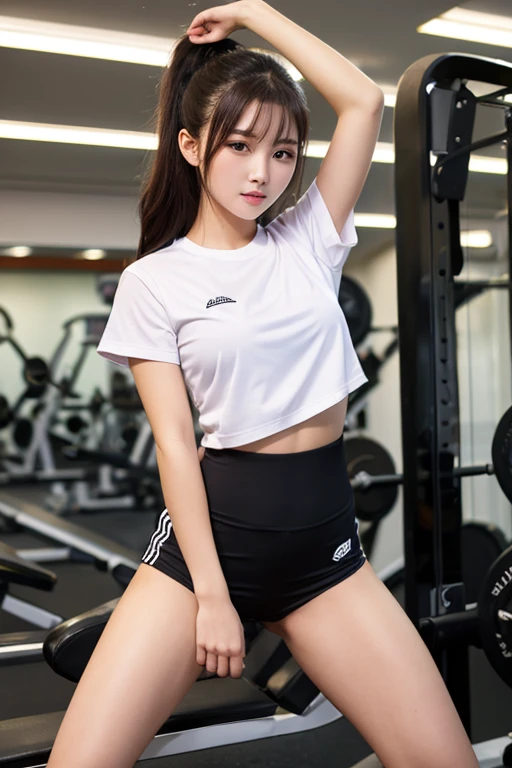 masterpiece、Highest quality、8k、Cute like an idol、Middle school girl in gym、Big tits spreading legs、Training wear、Shorts、Black knee-high socks、Plump thighs、Sweat all over、I am training、From before、Sitting on the floor stretching