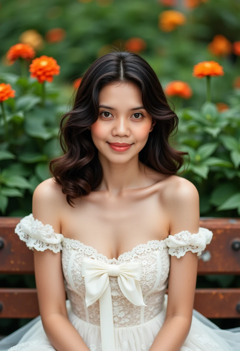 Chubby Malay girl wearing undersize burgundy lace bra and panties portrait photography, mid shot photo, ultra detail, professional photograph with professional lighting, smile, at the garden, outdoor background, curly hair, sexy seducing pose, curvy body, butt closed up angle
