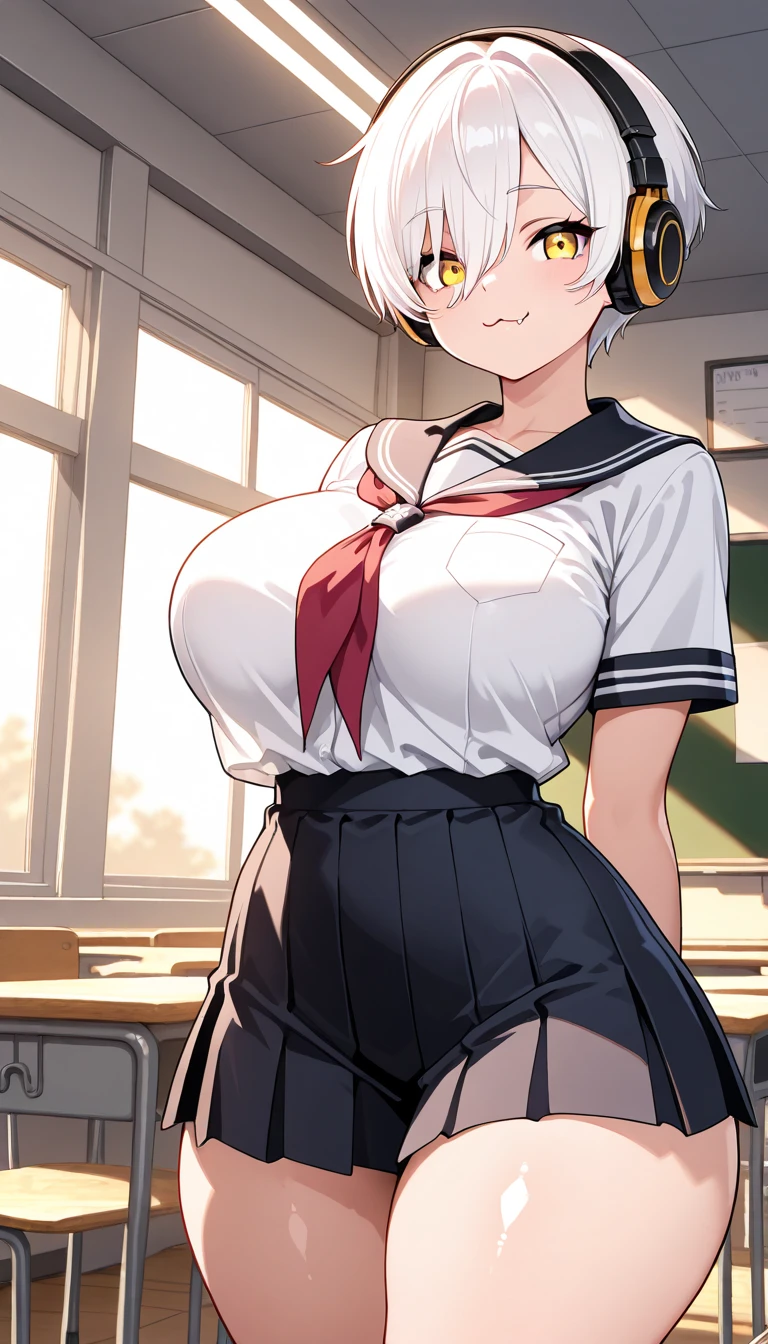 ((Highest quality)), ((masterpiece)), (detailed),
((huge breasts))
((Very thick thighs))
((Very fleshy young woman))
(Tall)
(Short White hair)
(bob hairstyle)
Blue eyes
Standing
(((Shoot from front)))
(Japanese school uniform)
(white (business) shirt)
(Black mini(school)skirt)
Japanese
Tokyo city