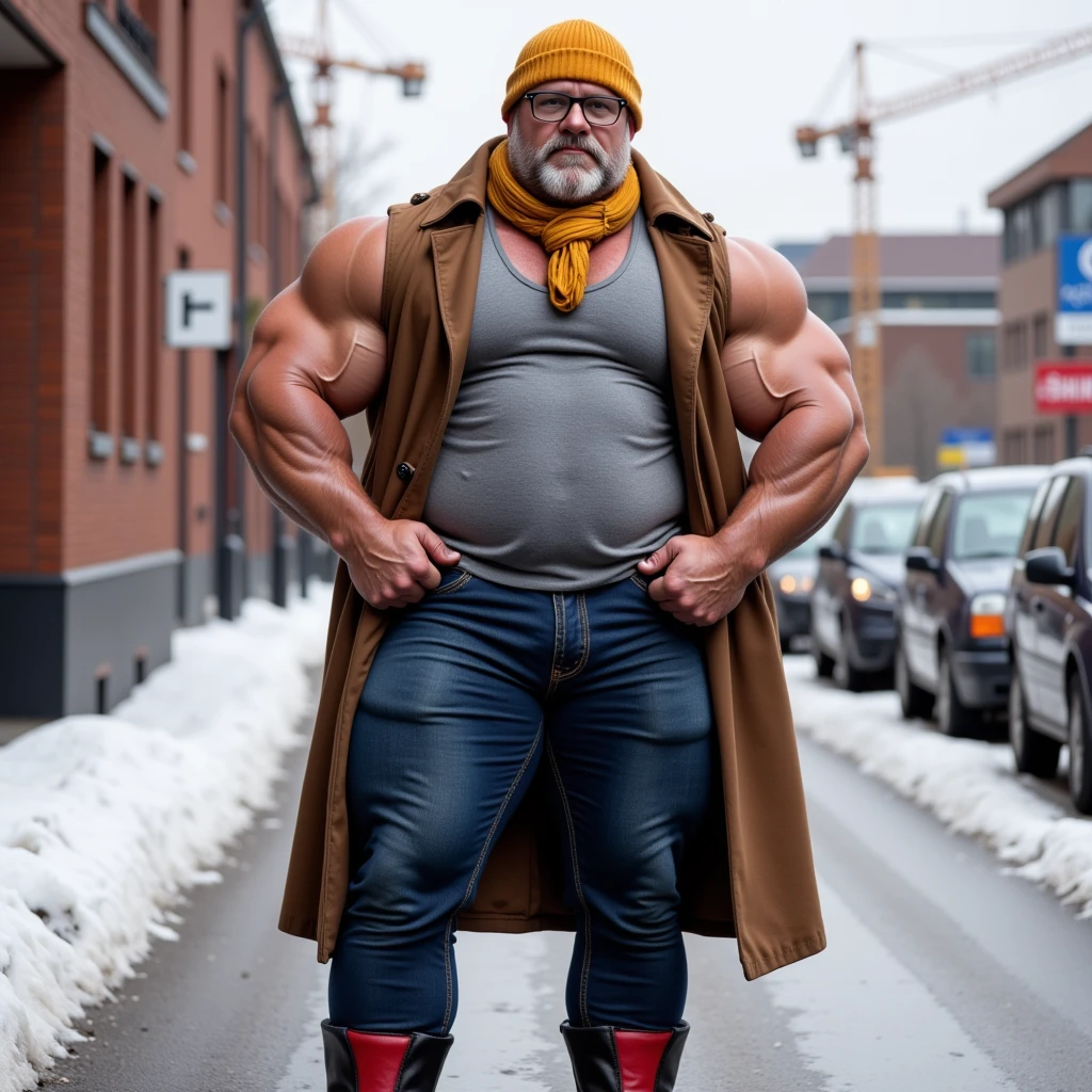  A blonde British wrestler from the late 19th century, standing full length a sweaty old man with black and gray hair parted in the middle very large handlebar mustaches extremely muscular and extremely fat over 70 years old weighing over 600 pounds with extremely large and very muscular sagging pecs and very hairy with gynecomastia and very large, pointed, dark nipples and relaxed muscles in an alley in Victorian London wearing only white and red horizontal striped tights 