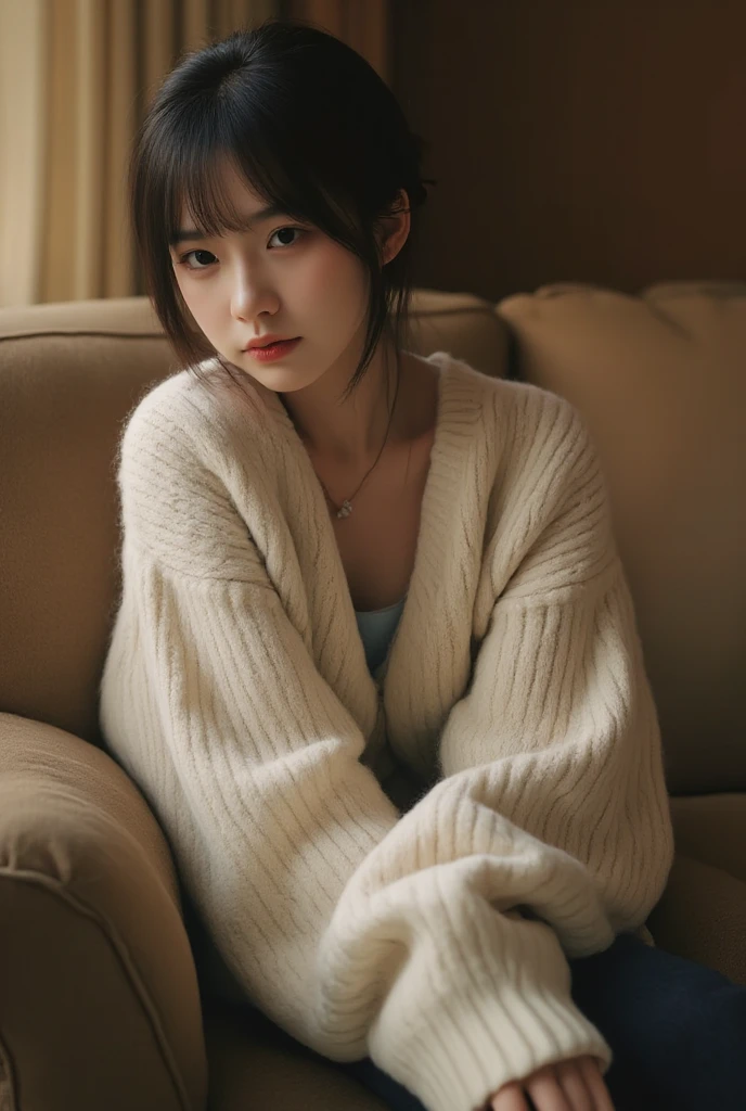 A masterpie, beste Quality, 1 Girls, blackhair, scarf, The hat, Realstic, looking at camera, Green eyes, short hairs, haori, Winter clothes, White scarf, White teeth with open mouth、s lips、sparse bangs、inside the house、in a bedroom、(((Yawn with eyes closed)))、(lying at the bed)、(((hand on the crotch)))
