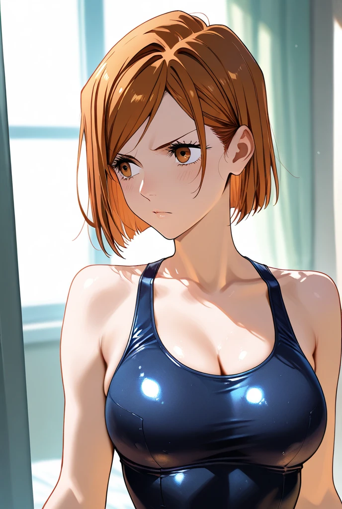 masterpiece, best quality, ultra detailed, ultra high resolution, very detailed face, solo, (((kyoani anime style))), top down angle, 20 years old girl, slim, (((sports bra, sleeveless))), ((upper body only, warming up, up arms, armpit))), ((black short hair)), (((tiny breast))), (six pack abs:1.2), serious face, in the changing room