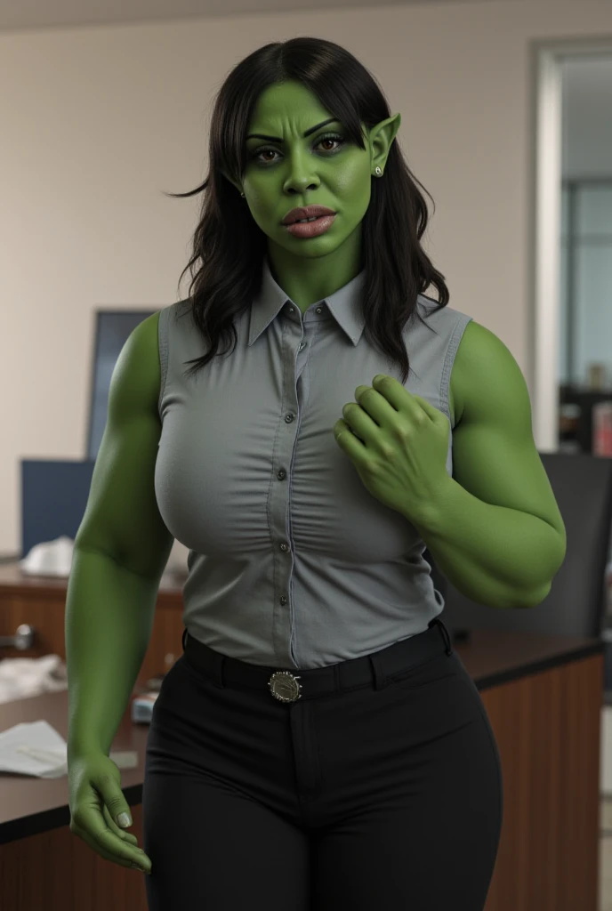 extremely detaild photo of a sexy ((She-Hulk)), (standing in office), ((green skin)), wears (purple office shirt), ((black mini office skirt)), ((black stockings)), (high heels), (black wavy hair), fit body, sexy pose, sultry, sexy, hot, shapely, fine detail, hyper realistic, HD, 4K, definition, texture, perfect detail, perfect face, beautiful, hyperrealism, trending on artstation
