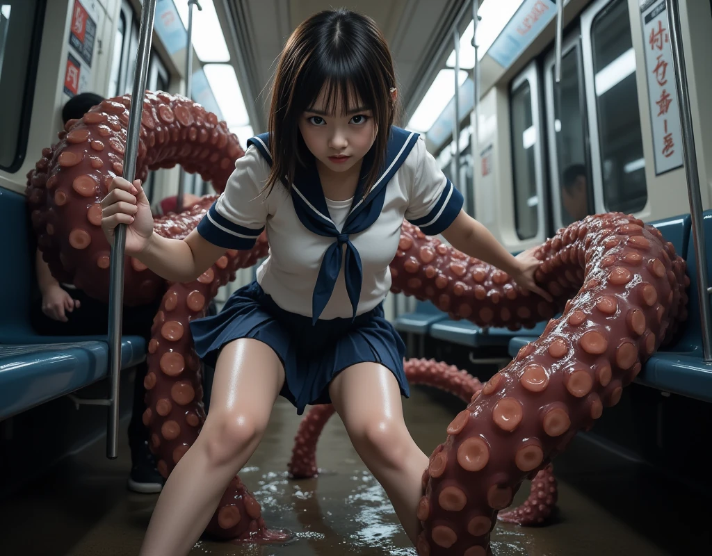 NSFW:1.3, masutepiece,top-quality、(((1 Japan Schoolgirls|Enjoy the pleasure of being attacked by tentacles)))、Focus on the chest、ecstasy、Breast blame:1.2,Countless tentacles fill the room、15yo student
