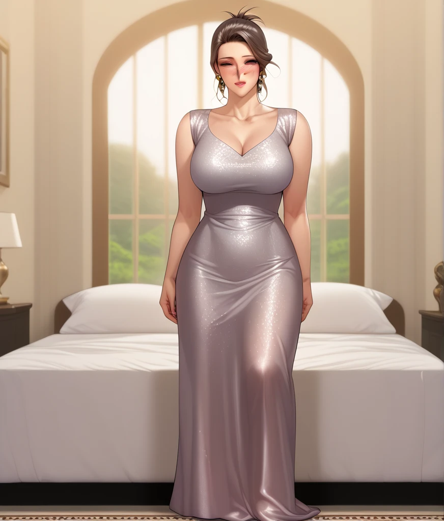 score_9, score_8_up, score_7_up,animated_source, 1 girl, mature woman, ultra red lips, eyes make up, beautiful young woman (((very short messy black hair))) (((Lost look as if in a trance, is hypnotized,)) ) Walking towards a young man who awaits her in bed , White dress,