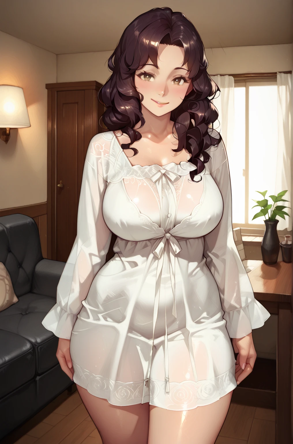 ((masterpiece)),((best quality)),ultra-detailed,illustration,1girl,solo,breasts,brown hair,large breasts,blue eyes,black background,ponytail,long hair,ribbon,hair ribbon,smile,dress,looking at viewer,steepled fingers,own hands together,purple eyes,bow,skirt,hair bow,high-waist skirt,long sleeves,light smile,underbust,mature female,red dress,shirt,cowboy shot,frilled bra,game character,(game CG),Takase Shino,Saiminjutsu 2,collarbone,(cameltoe:1.1),standing,(anime screencap),bangs,Beautiful Finger,Beautiful long legs,,Beautiful body,,Beautiful Nose,Beautiful character design,perfect eyes,perfect face,alluring,official art,extremely detailed CG unity 8k wallpaper,perfect lighting,Colorful,ultra highres,4K,photography,8K,HDR,highres,(groin),(Beautiful, large breasts:1.4),(beautiful face:1.5),(narrow waist),(full body:1.5),Indoor,anger,blush,shame,<lora:Takase Shino:0.7>,closed mouth,Indoor,ward,bed,White boobs,
