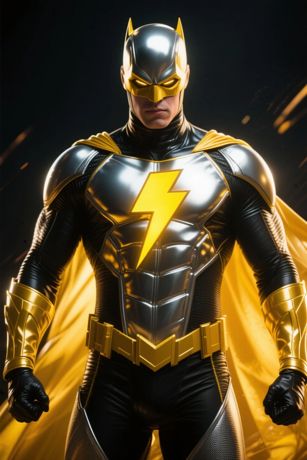 full body shot, <lora:Buzz-10:1> Buzz as a superhero, futuristic, yellow and black hi-tech armored suit, (lightning bolt logo on chest), holding lightning bolt in his hand, fire, smoke, buildings in background