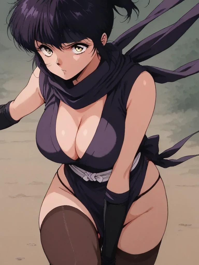 score_9, score_8_up, score_7_up, masterpiece, source_anime,1girl,1980's anime style,yellow eyes, ninja, scarf,japanese clothes,sleeveless ,loincloth.curvy