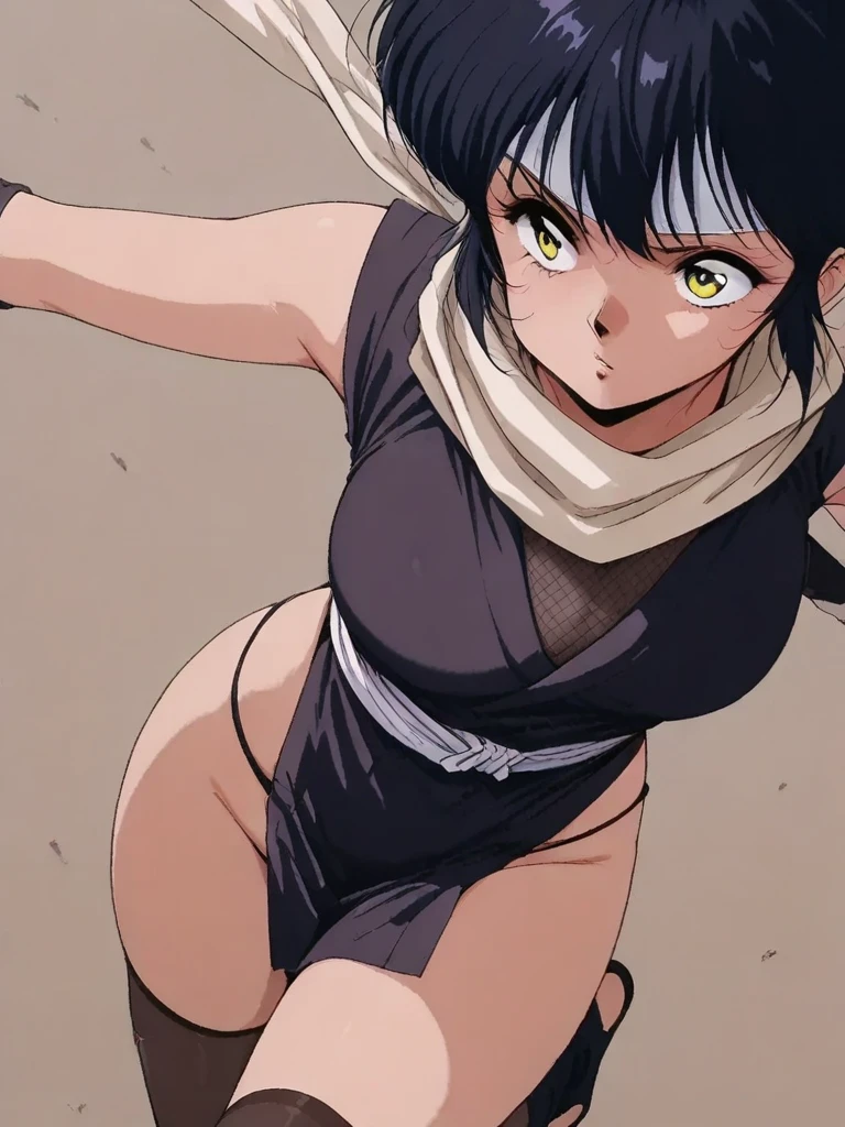 score_9, score_8_up, score_7_up, masterpiece, source_anime,1girl,1980's anime style,yellow eyes, ninja, scarf,japanese clothes,sleeveless ,loincloth.curvy