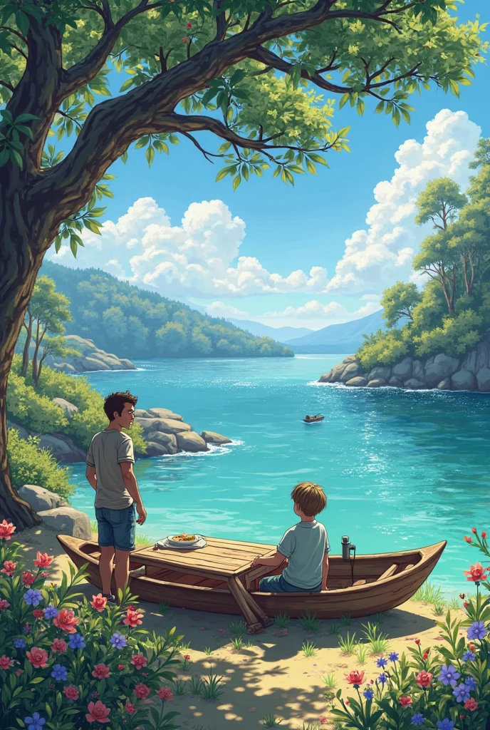 The realistic image of girl and boy in 
swim suit on boat facing towards the beautiful mountain, hill, blue sky,