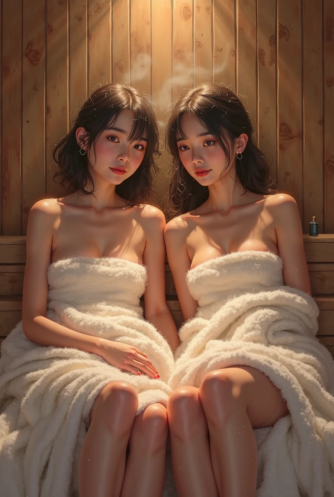 ((Extremely cute girls relaxing together in the sauna)), Outstanding proportions, (((Two beautiful girls:1.3))), (((Completely naked:1.4))), (Baby Face:1.4), ((Small breasts:1.2)), Smooth body, Small and slender figure, ((Detailed eyes and face, Idol Face, Professional photography techniques)), (Perfect Anatomy), ((blush)), (Highest quality, 8K, masterpiece:1.2, RAW Photos), ((A seductive and sexy look:1.3)), (Sweat:1.2), (vapor), Ultra-detailed, (Beautiful hip joint shape:1.3)