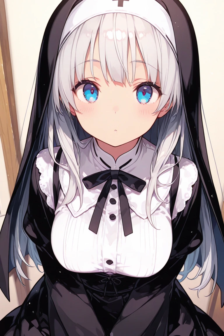 (best quality, masterpiece:1.2), ultra detailed, extremely detailed eyes and face, natural skin texture, detailed skin, natural lighting,
chibi, 1 girl, 12-years-old, (cute),
silver hair, middle hair, straight hair, shiny hair,
blue eyes,
flat chest,
nun,
BREAK (orgasm face, aroused, blush:1.2),
BREAK (upper body:1.2), nsfw,